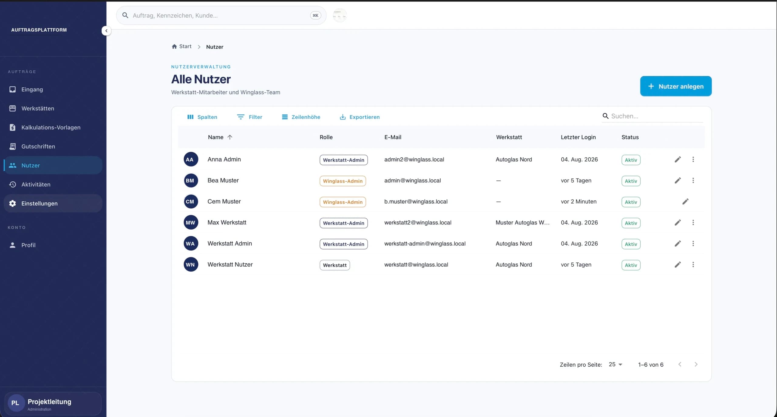 Benutzer mit Rolle, zugeordneter Werkstatt und letztem Login — Werkstatt-Mitarbeiter und internes Team in einer Ansicht.