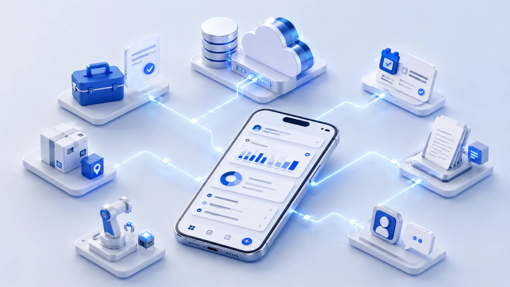 Isometrische Darstellung einer mobilen Business-App, die mit zentralen Unternehmenssystemen verbunden ist.