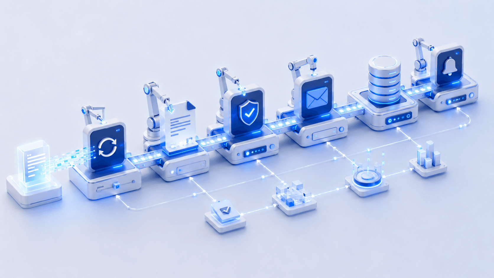Isometrische Darstellung eines automatisierten Workflows mit verbundenen Prozessschritten.