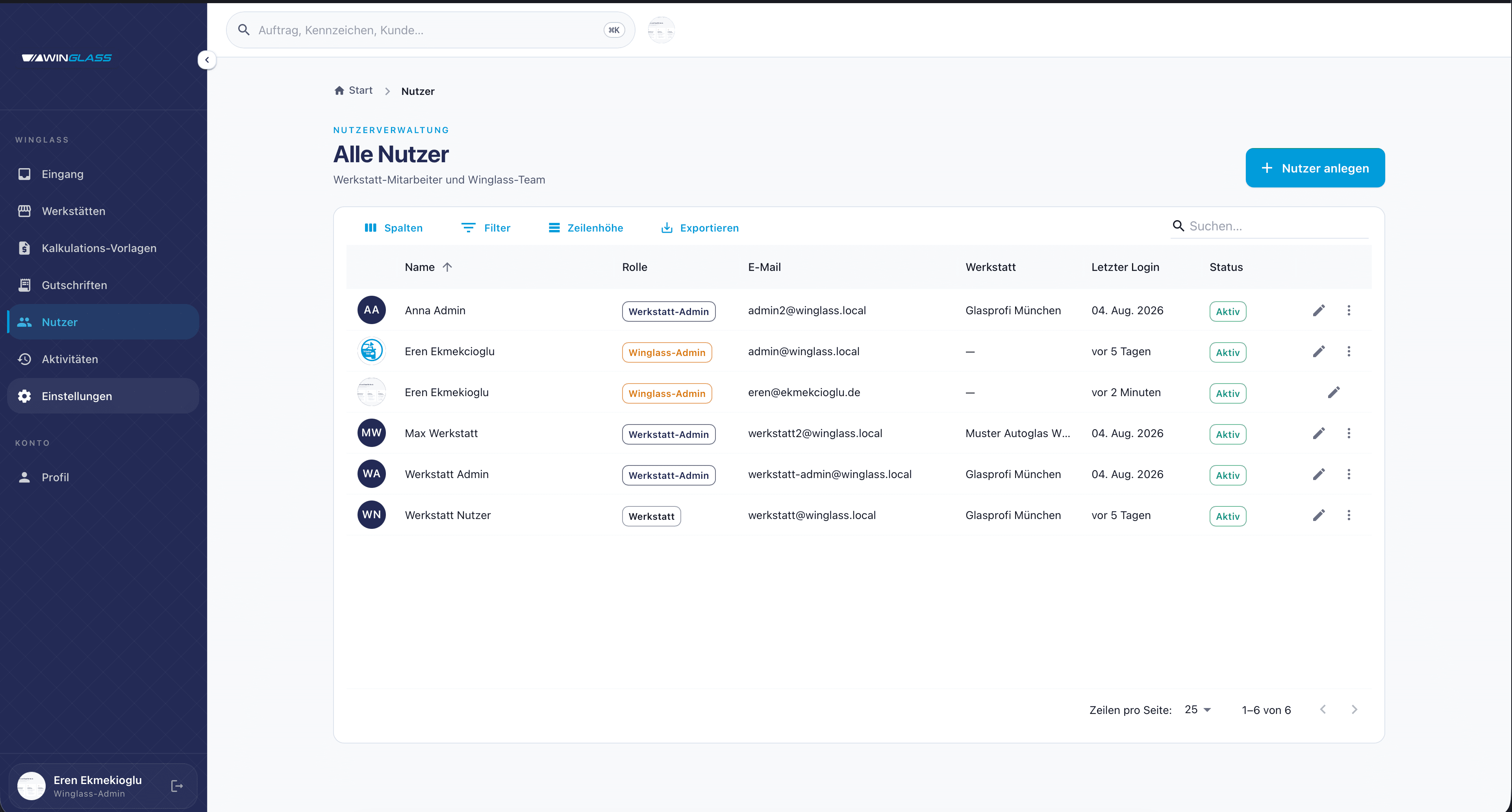 Benutzer mit Rolle, zugeordneter Werkstatt und letztem Login — Werkstatt-Mitarbeiter und internes Team in einer Ansicht.